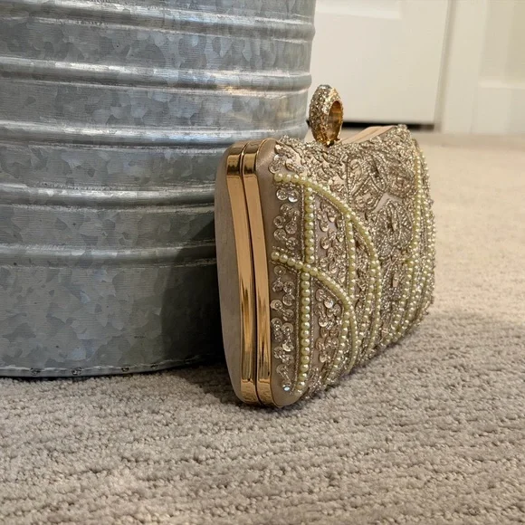 Embellished Beaded Champagne Evening Clutch - Picture 2 of 12